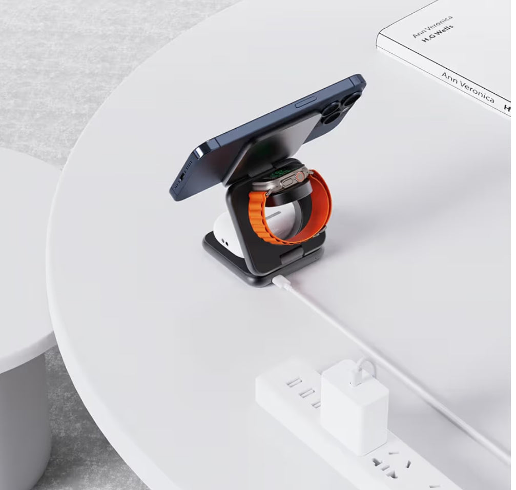 Cargador inalámbrico magnético plegable, estación de carga 3 en 1 de aleación de aluminio KU XIU X40 para Apple, soporte de cargador magnético rápido para iPhone 16 15 14 13 12 Series, 5W para iWatch