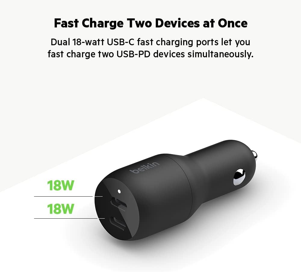 Belkin Adaptador de Coche Dual USB-C de 36 Voltios Puertos USB-C de 18 W