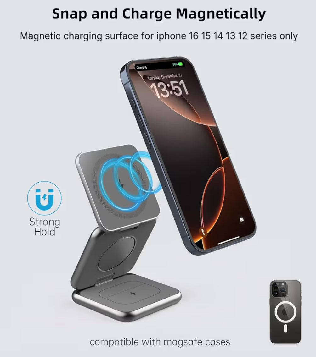 Cargador inalámbrico magnético plegable, estación de carga 3 en 1 de aleación de aluminio KU XIU X40 para Apple, soporte de cargador magnético rápido para iPhone 16 15 14 13 12 Series, 5W para iWatch