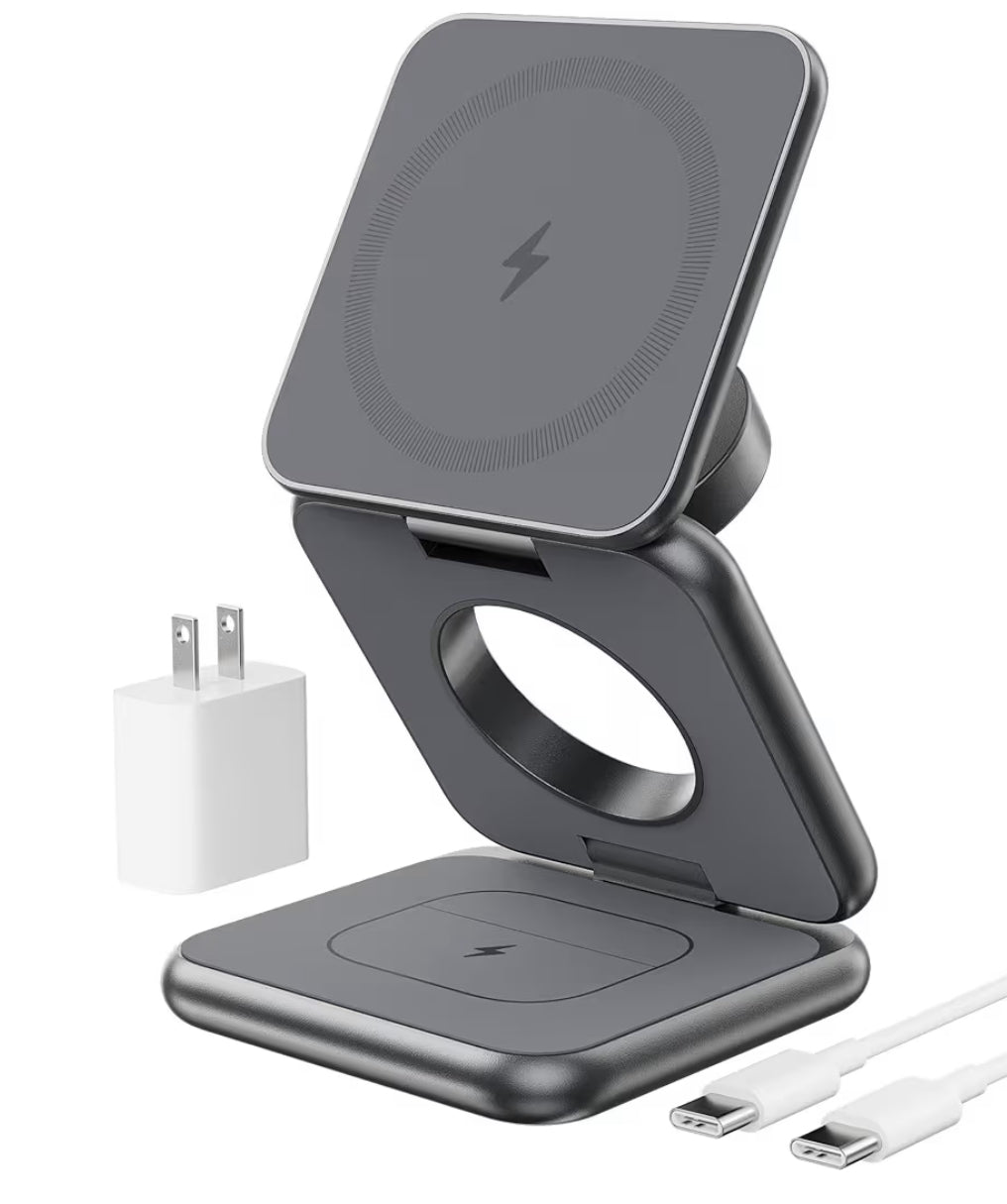 Cargador inalámbrico magnético plegable, estación de carga 3 en 1 de aleación de aluminio KU XIU X40 para Apple, soporte de cargador magnético rápido para iPhone 16 15 14 13 12 Series, 5W para iWatch