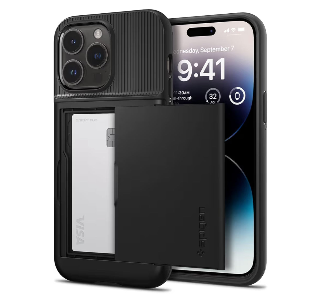 Spigen cobertor de iPhone 14 Pro Max Slim Armor - Almacenaje de 2 tarjetas Color negro