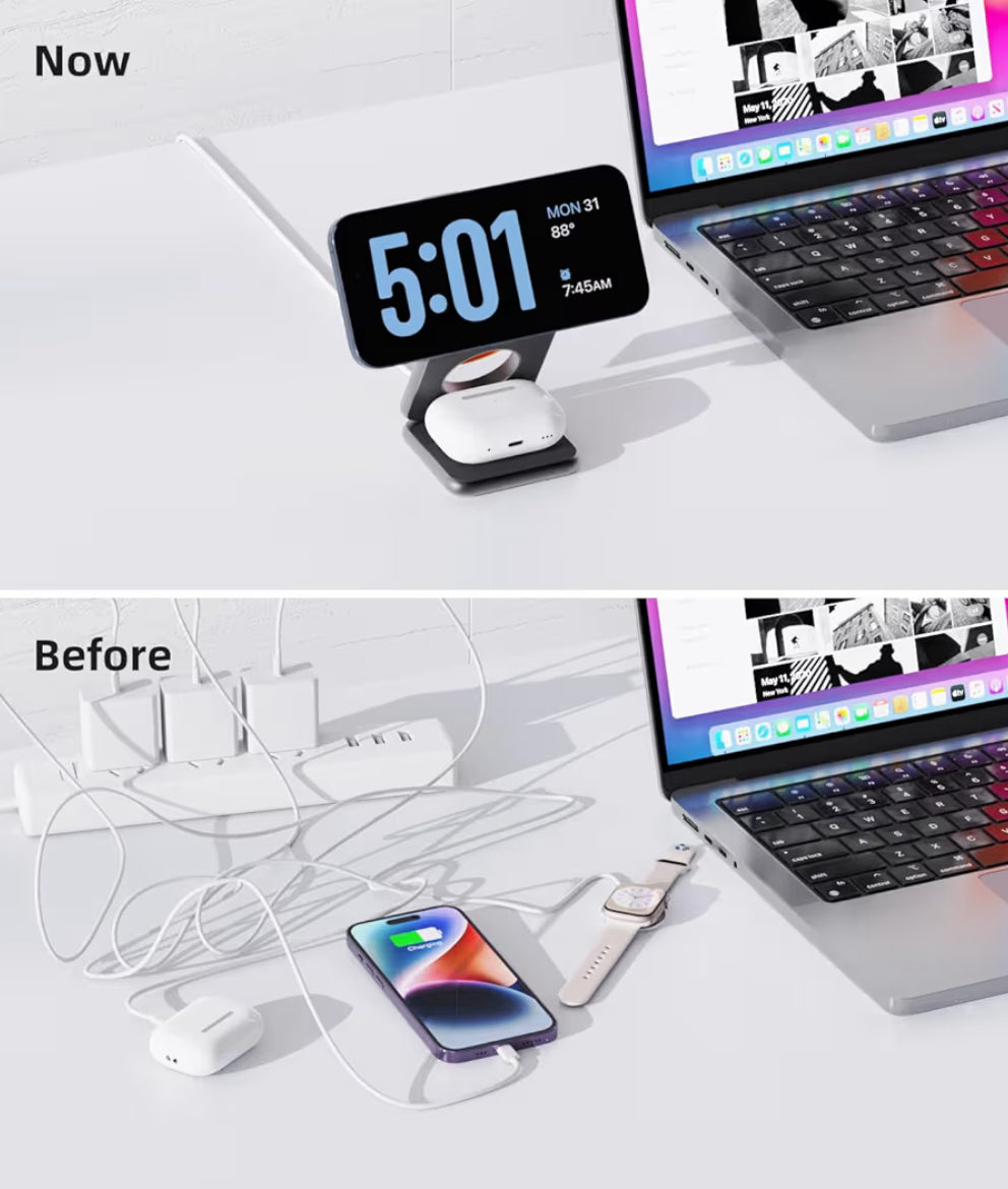 Cargador inalámbrico magnético plegable, estación de carga 3 en 1 de aleación de aluminio KU XIU X40 para Apple, soporte de cargador magnético rápido para iPhone 16 15 14 13 12 Series, 5W para iWatch