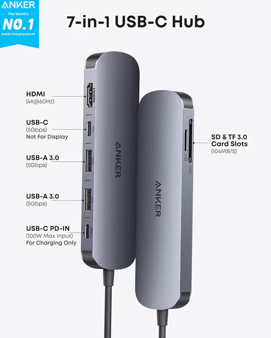 Anker Adaptador USB-C multi puerto 7 en 1 HBM1 4K Tarjeta SD y puerto de 85 W