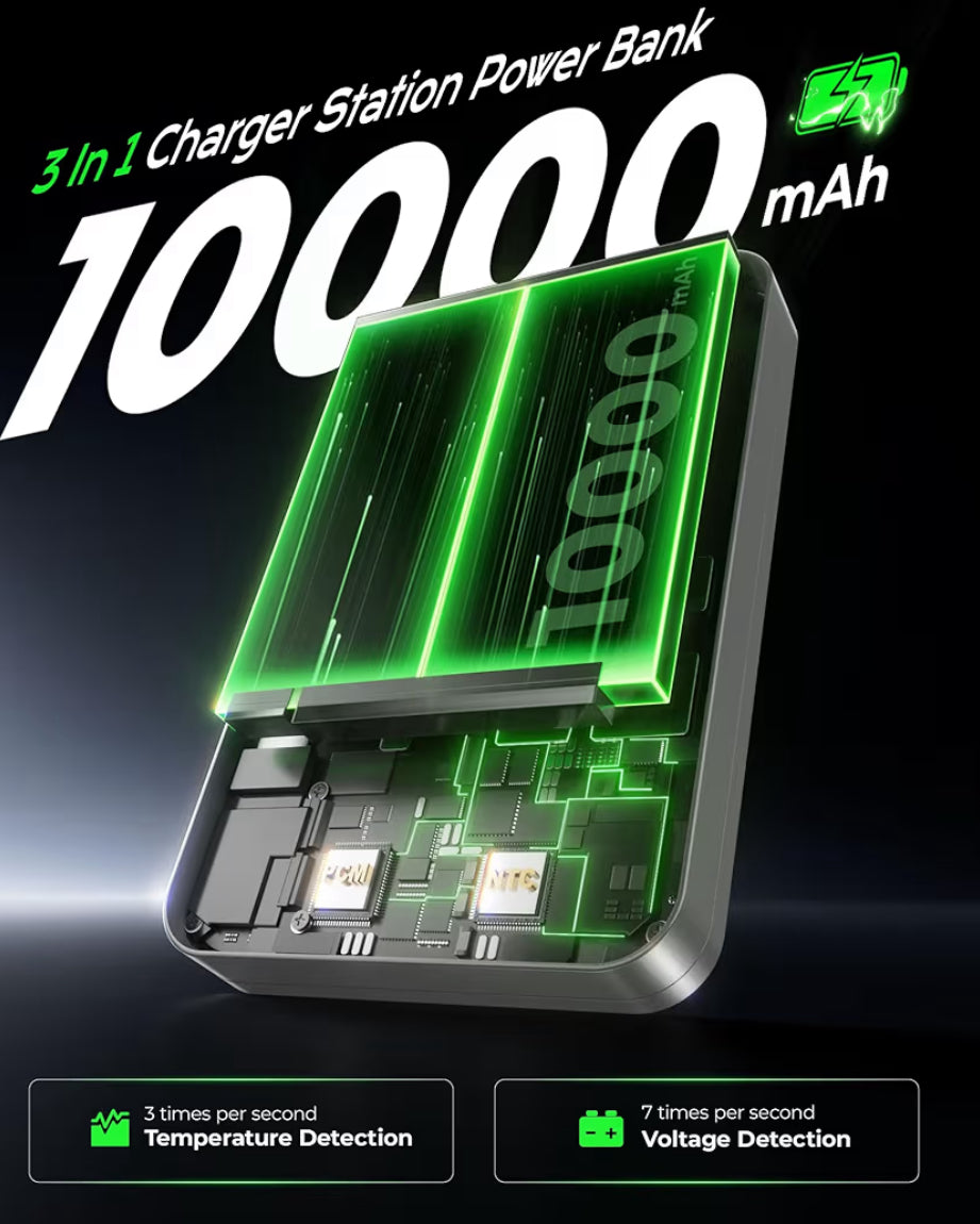 Cargador portátil magnético 3 en 1, estación de carga inalámbrica, cargador de batería plegable KU XIU de 10000 mAh, carga rápida de 15 W, cargador de batería de viaje para iPhone 16/15/14/13/12