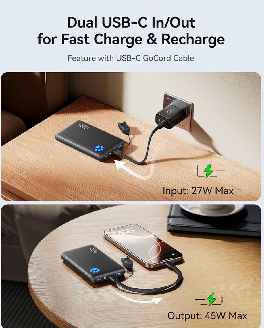 INIU - Cargador portátil ultra delgado de 10,000 mAh con carga rápida de 45W. Ligero, práctico e ideal para viajes, estudiantes y uso diario. Compatible con múltiples dispositivos.